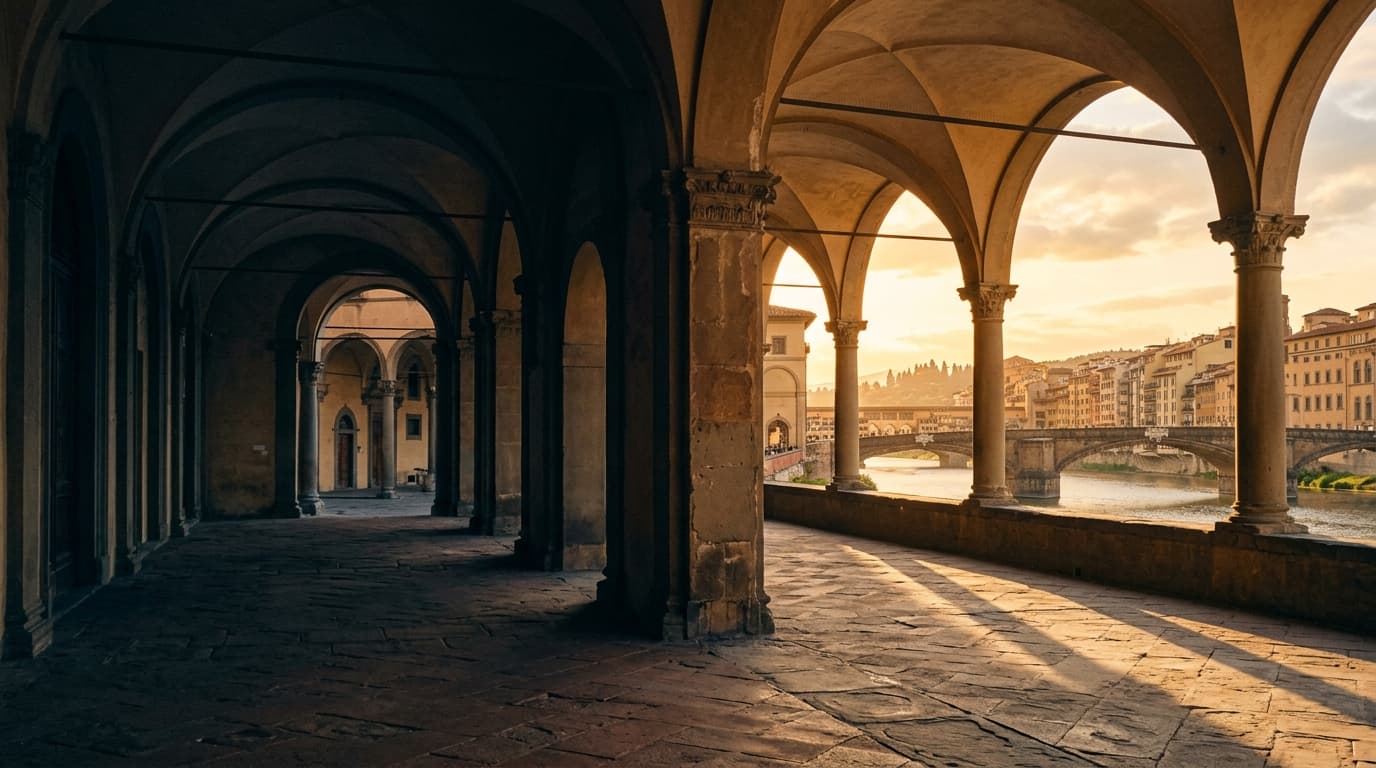 Italienische Arkaden mit Brücke im goldenen Abendlicht