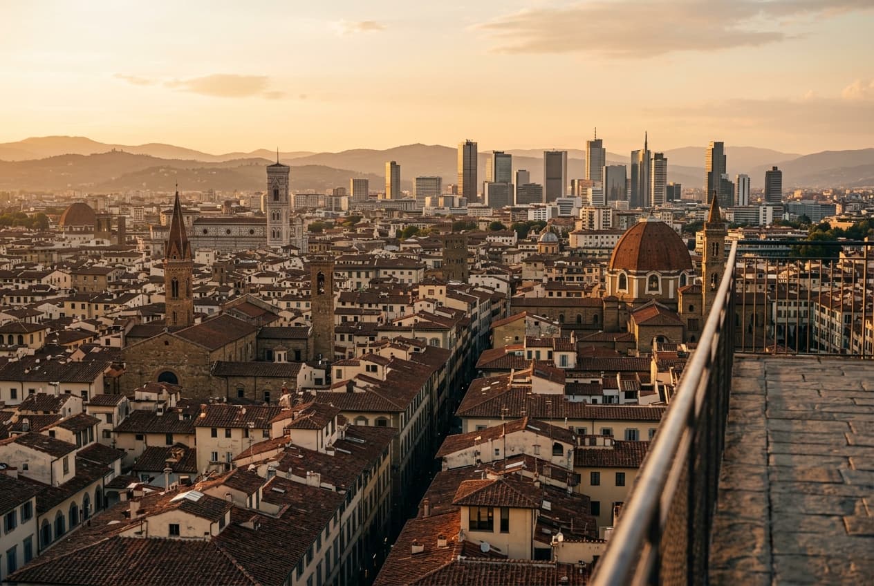 Italienische Stadt mit historischen Dächern und modernem Geschäftsviertel