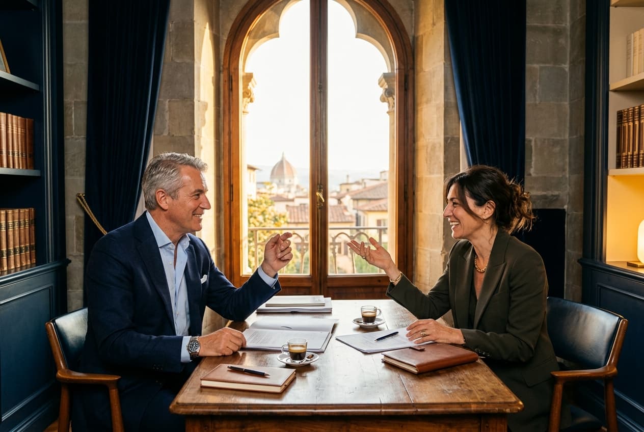 Deutsch-italienisches Geschäftsgespräch im warmen Licht