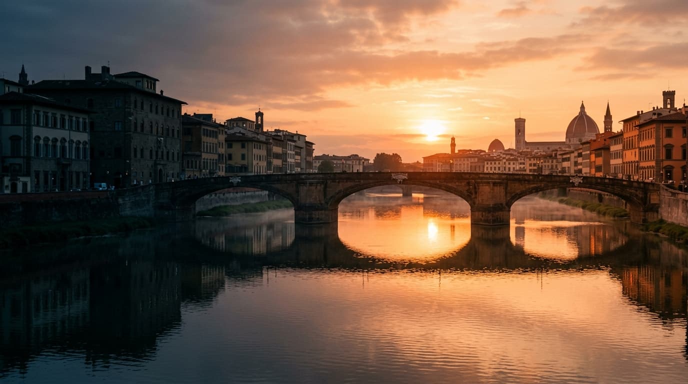 Brücke über einen Fluss im goldenen Abendlicht als Sinnbild für die deutsch-italienische Geschäftsbrücke